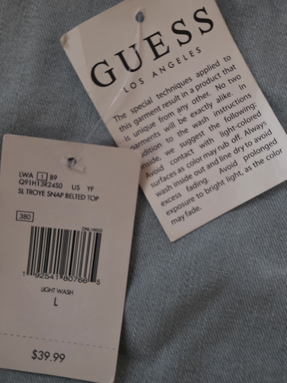 Guess blue denim button up top with belt (Size L) - Picture 3 of 7